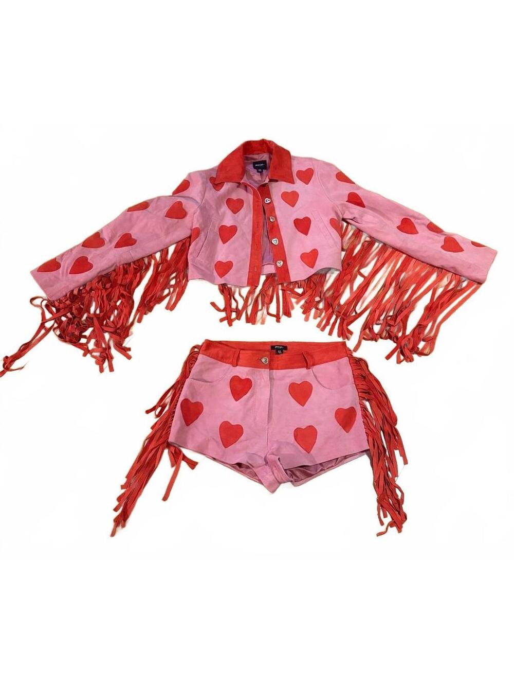 Nasty Gal Pink and Red Heart Suede Fringe Jacket and Shorts Set